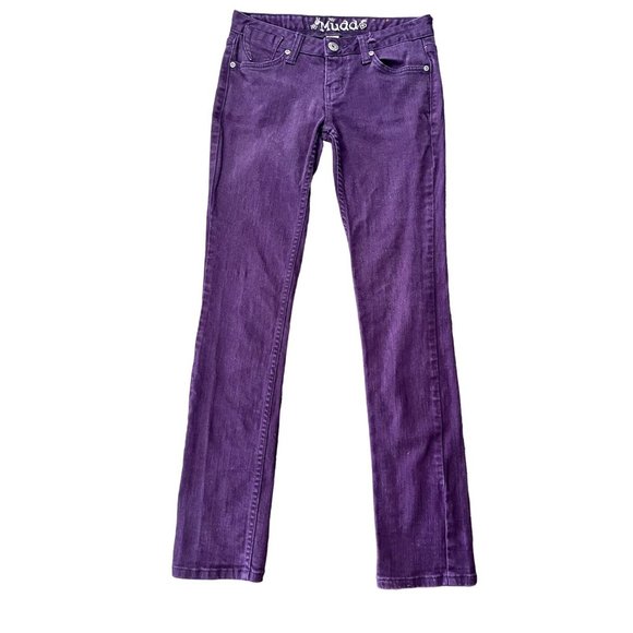Women's MUDD Stretchy Skinny Jeans, purple plum color, low rise, Size 3(sku-e5) - Picture 2 of 11